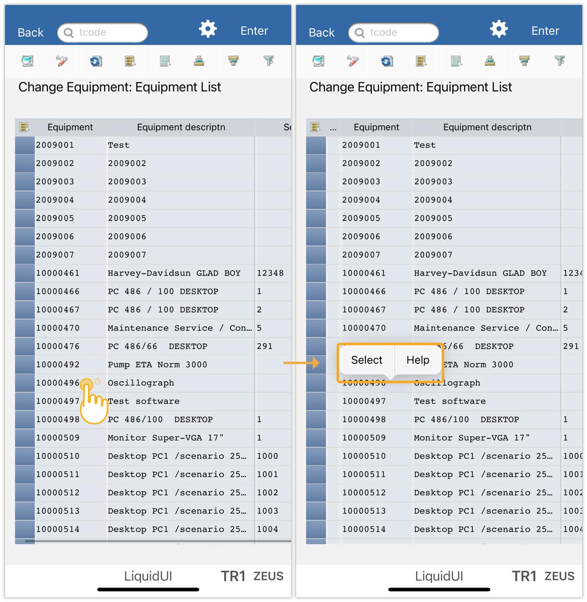 Long press on grid cell showing Select and Help menu options