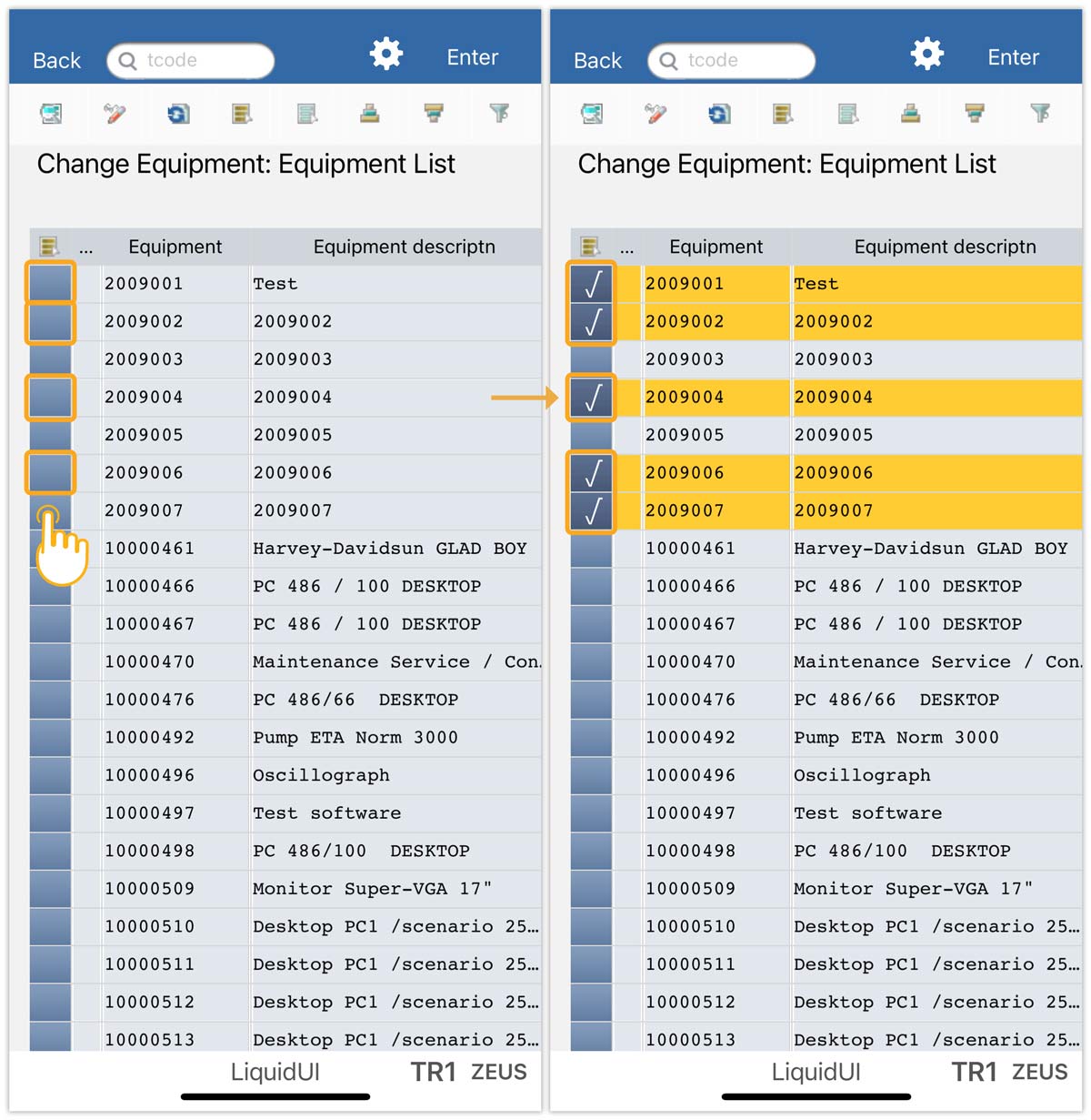 Long-press on required rows to select multiple rows