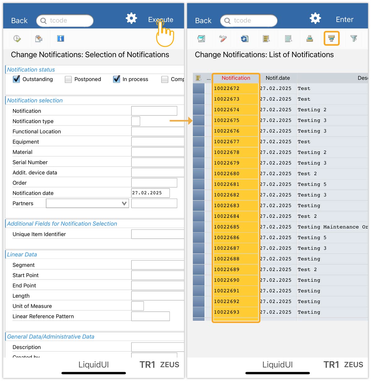 IW28 screen showing Notification column selected and Sort icon clicked on toolbar