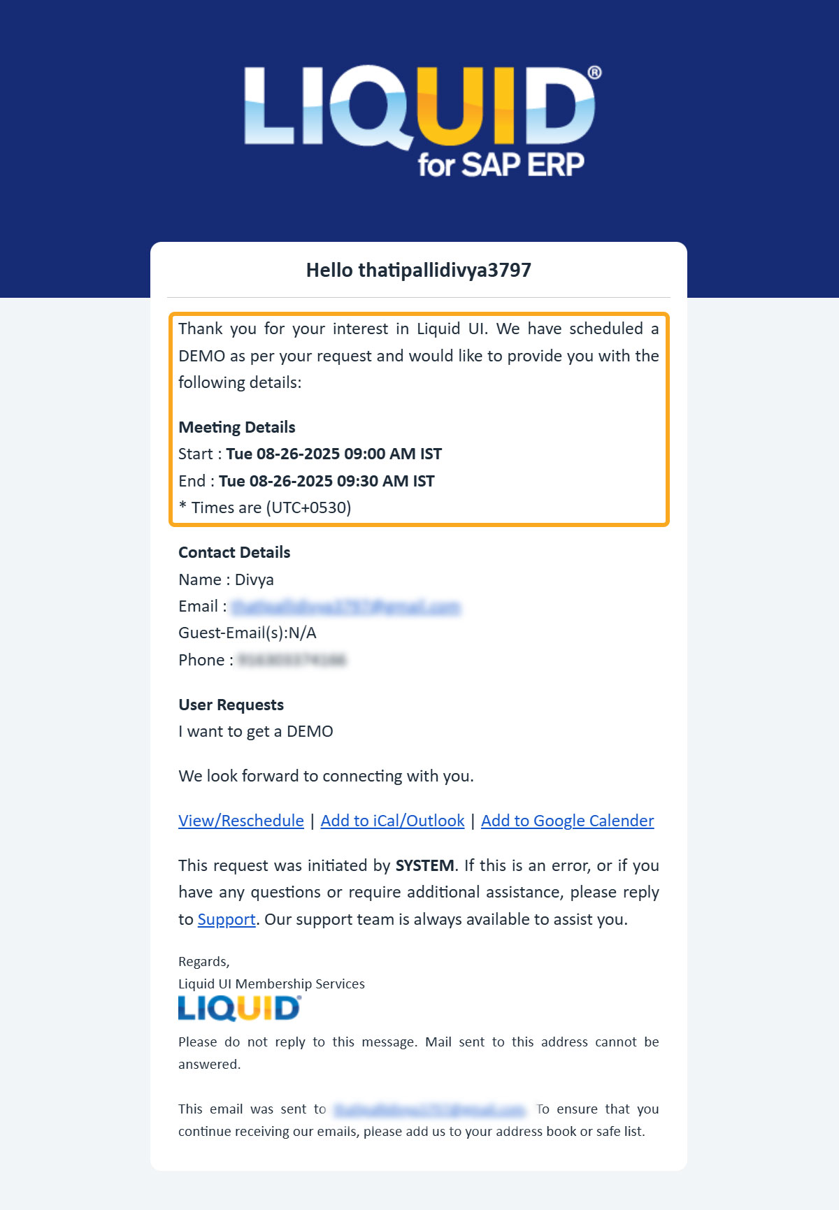 Email sent containing the same meeting details