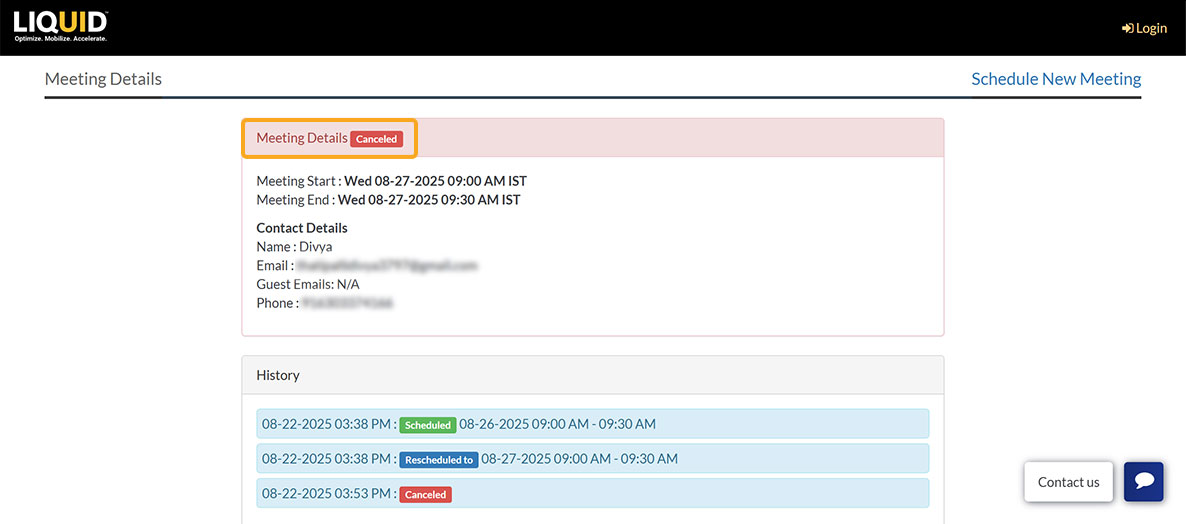 Meeting Details screen showing meeting status as Canceled