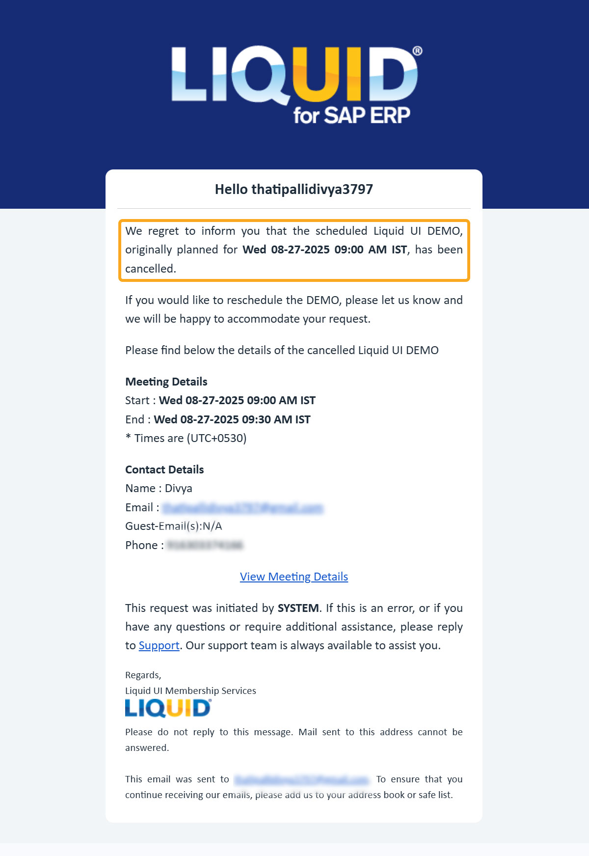Email from LAMP notifying cancellation of the meeting