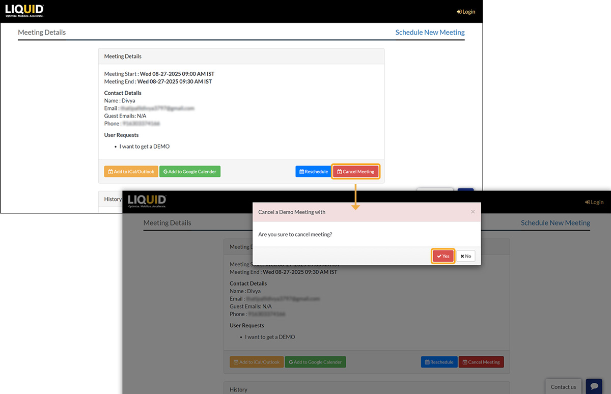 Cancel Meeting button allows cancellation of scheduled meeting