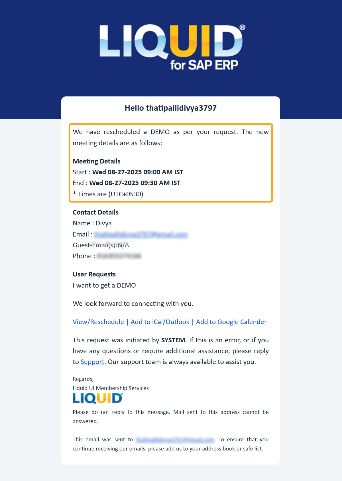 Email sent containing rescheduled meeting details