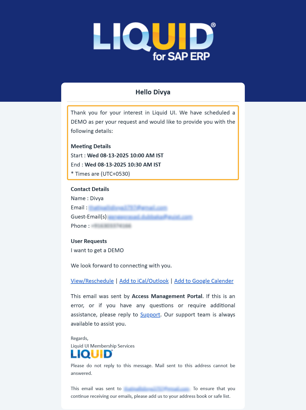 Email notification displaying the scheduled meeting details
