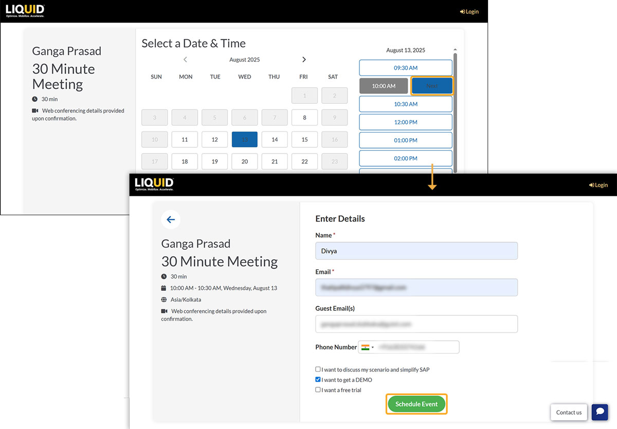 Schedule Event form after selecting a time slot