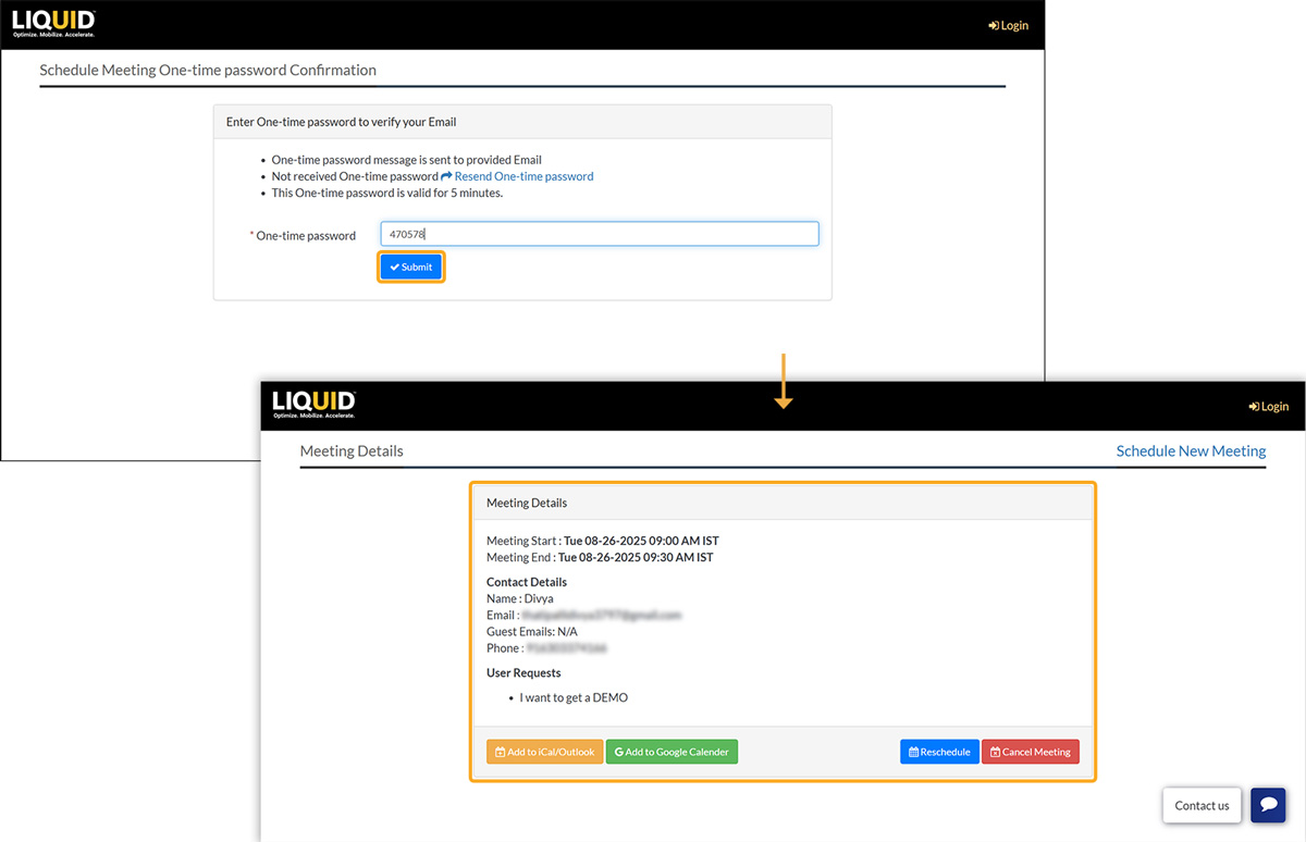 Enter 6-digit email verification code to confirm and view meeting details