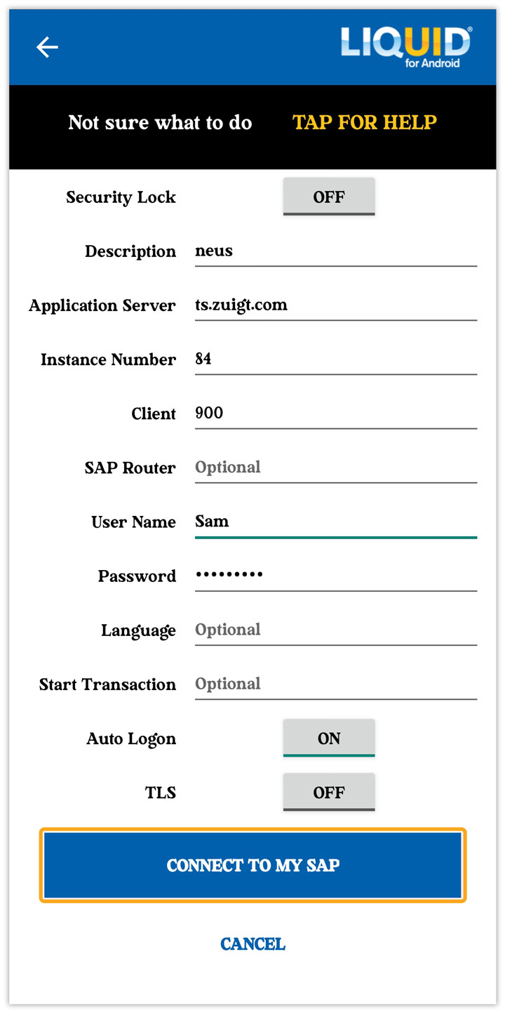 Liquid UI for Android app configured to connect to Liquid UI Server