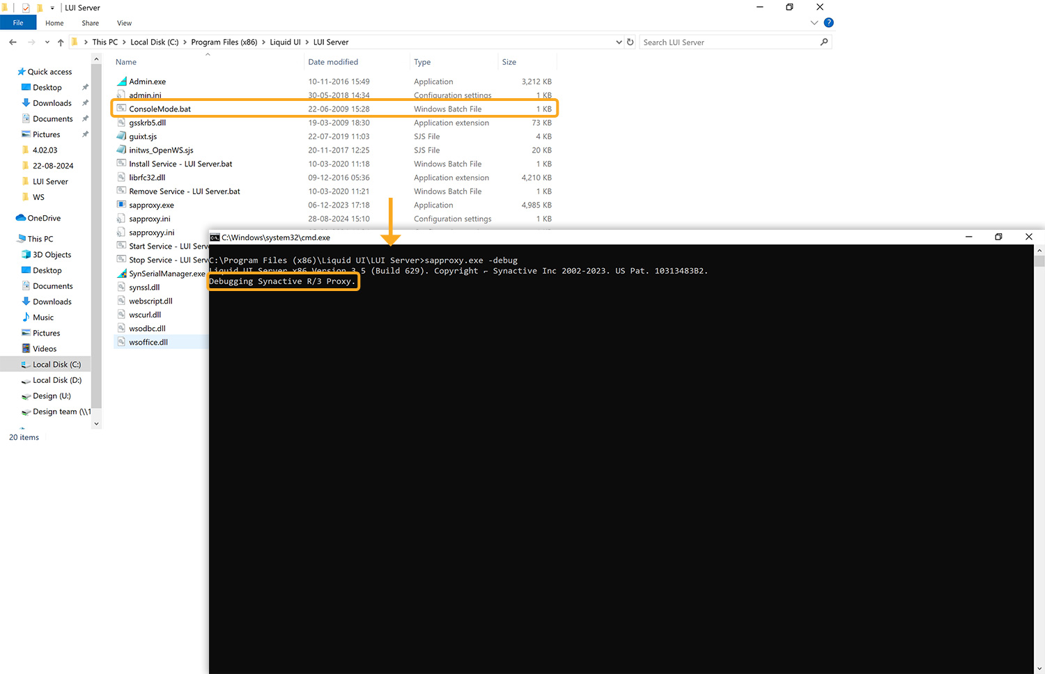 Runs Consolemode.bat to start Liquid UI Server from specified path