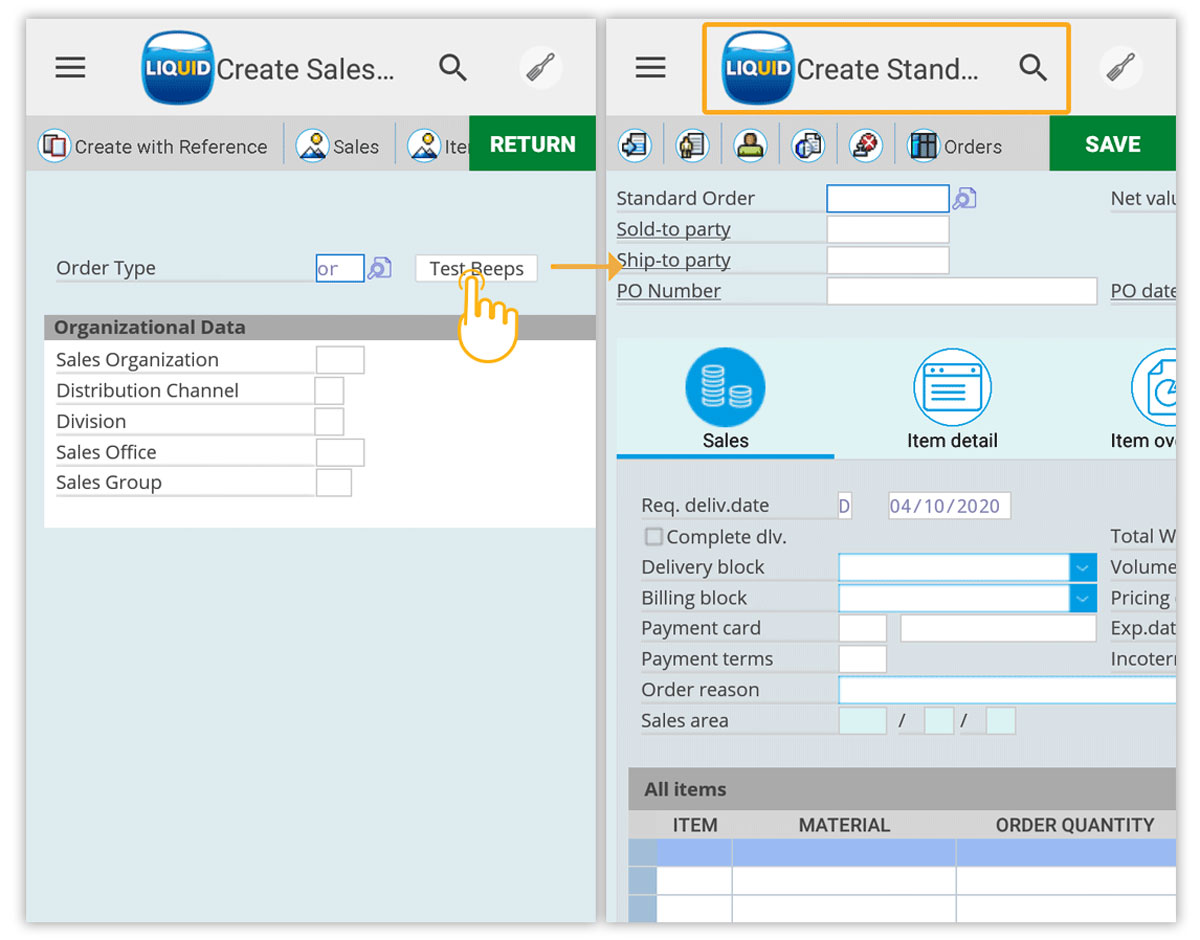 Clicking Test Beeps with valid Order Type navigates to Overview screen without beep
