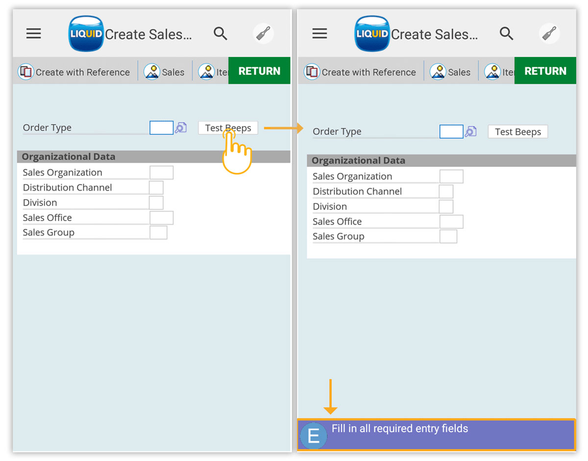Clicking Test Beeps with empty Order Type triggers long beep and error message on SAP screen