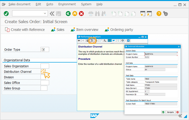 Double-clicking a field opens Performance Assistant to view technical details for matchcode setup