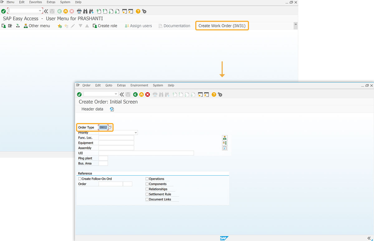 Create Work Order button opens IW31 screen with Order Type pre-filled as PM02