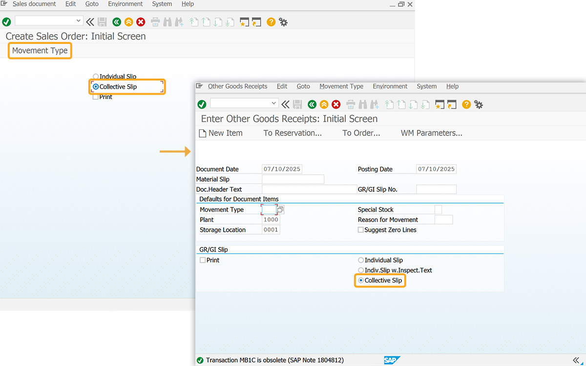 Clicking Collective Slip navigates to MB1C with the option pre-selected using set command