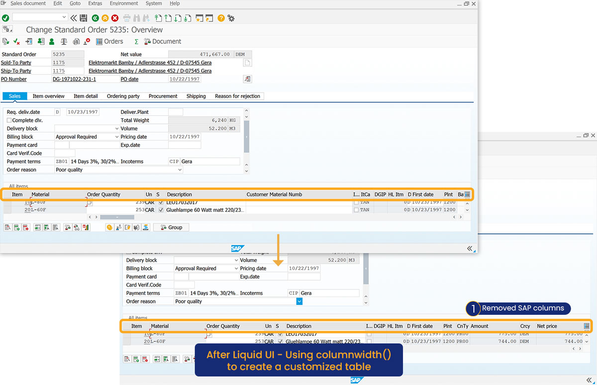 VA02 Overview screen with specified columns hidden from the table