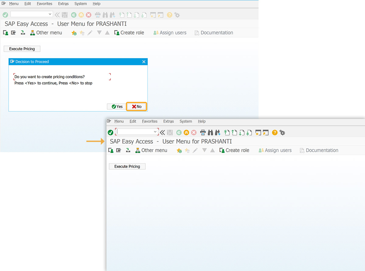 Clicking NO stays on the same screen