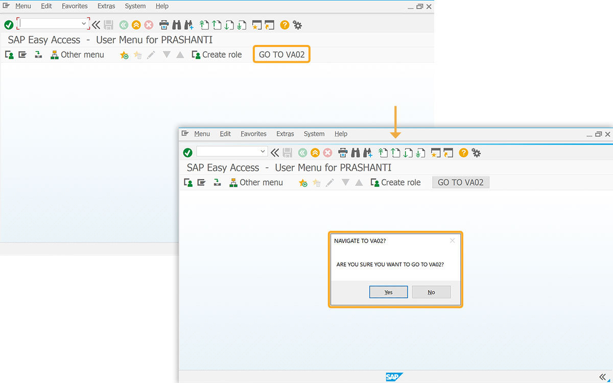 Clicking GO TO VA02 shows a pop-up asking for action confirmation
