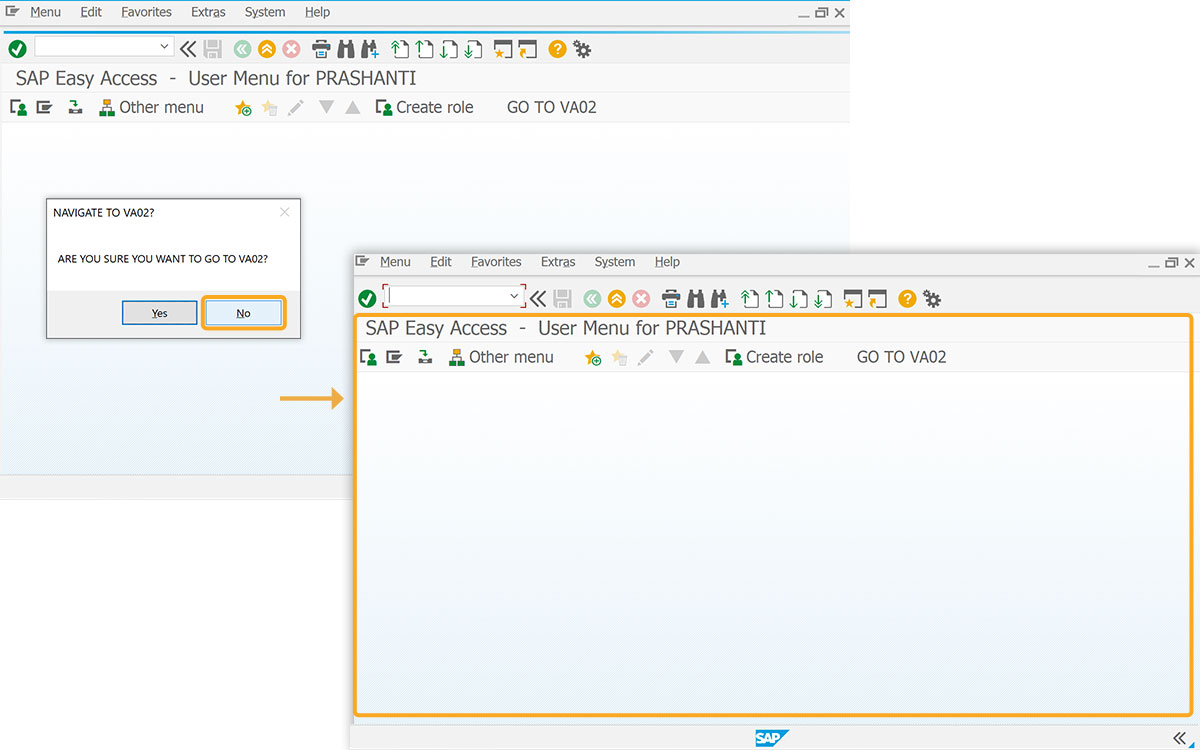 Selecting No keeps you on the current SAP screen