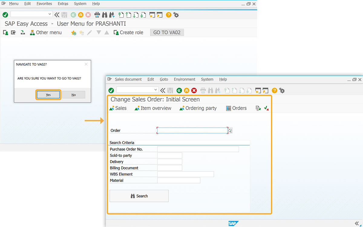 Selecting Yes navigates to Change Sales Order: Initial screen