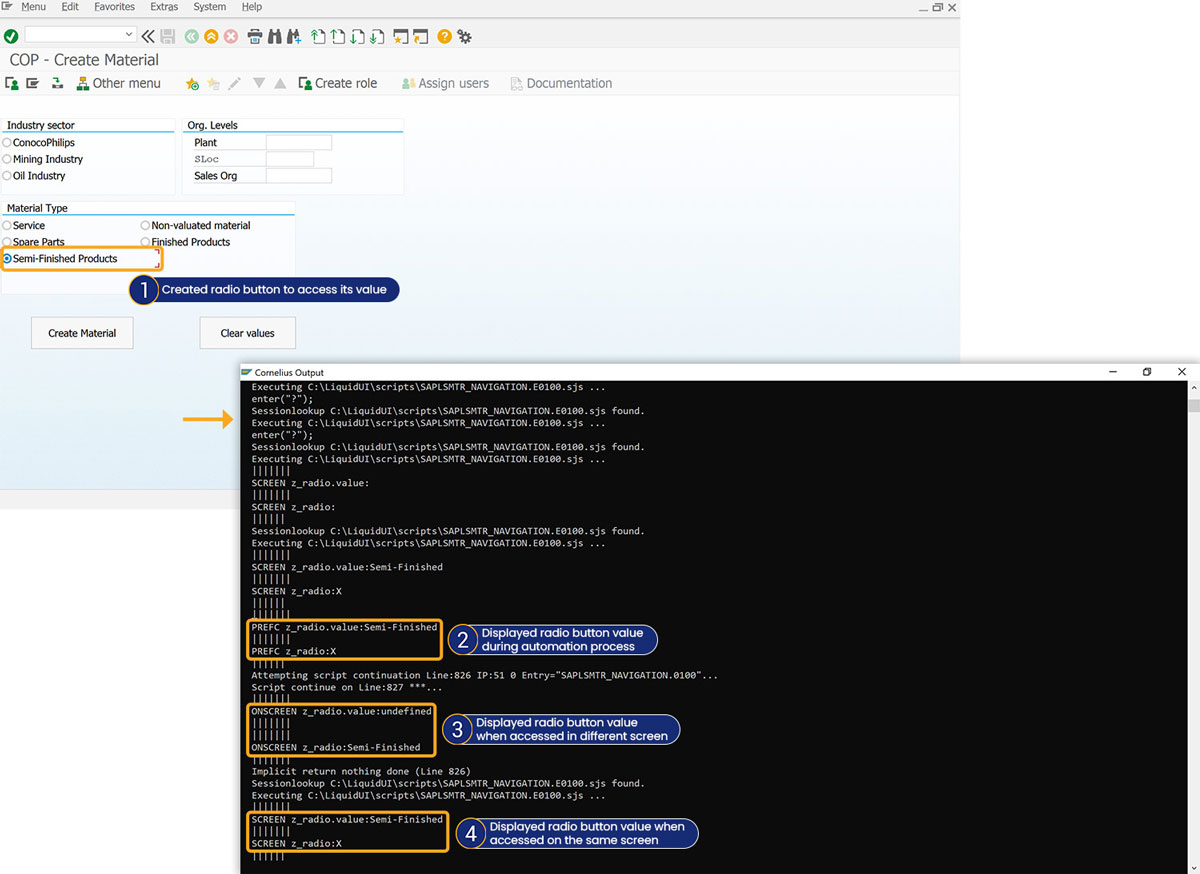 Accessing radio button name.value property across screens using onscreen command