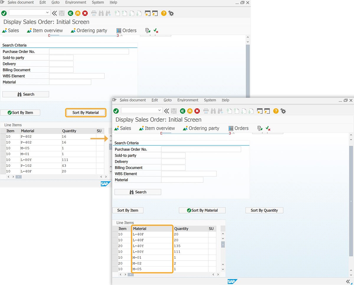 Sorts values based on Material column