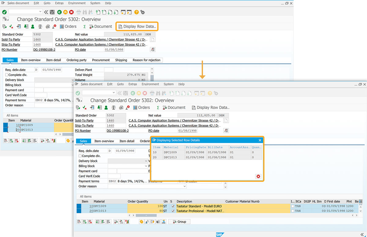 Clicking Display Row Data shows a pop-up with selected row values