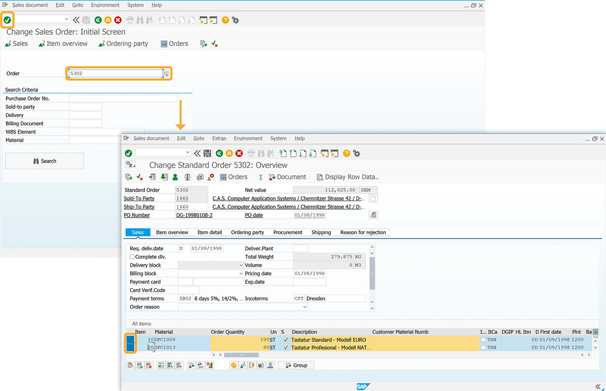 VA02 transaction with Order number entered and rows selected on the Overview screen