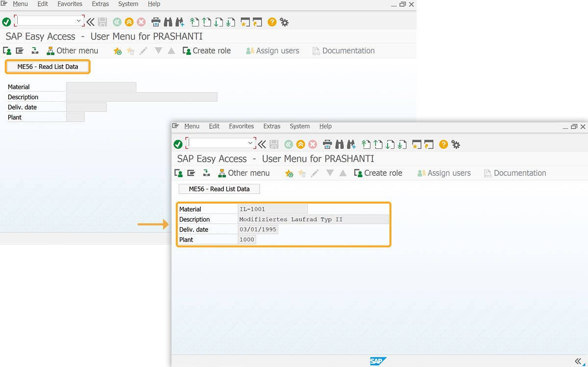 Clicking ME56 - Read List Data populates input fields with first and last visible row values