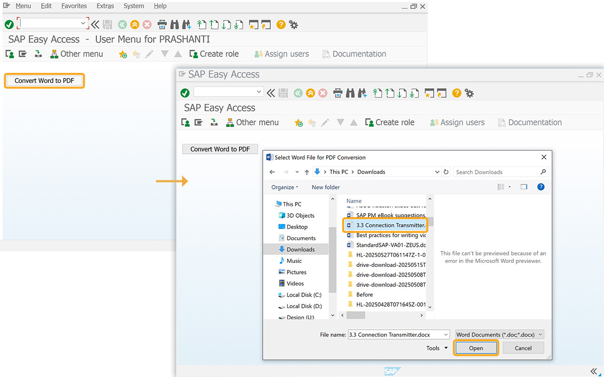 Clicking Convert Word to PDF opens file dialog to select a Word document for conversion