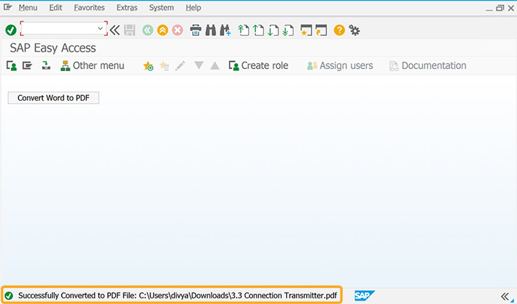 Confirmation message shows successful PDF conversion and file location at the bottom of the screen
