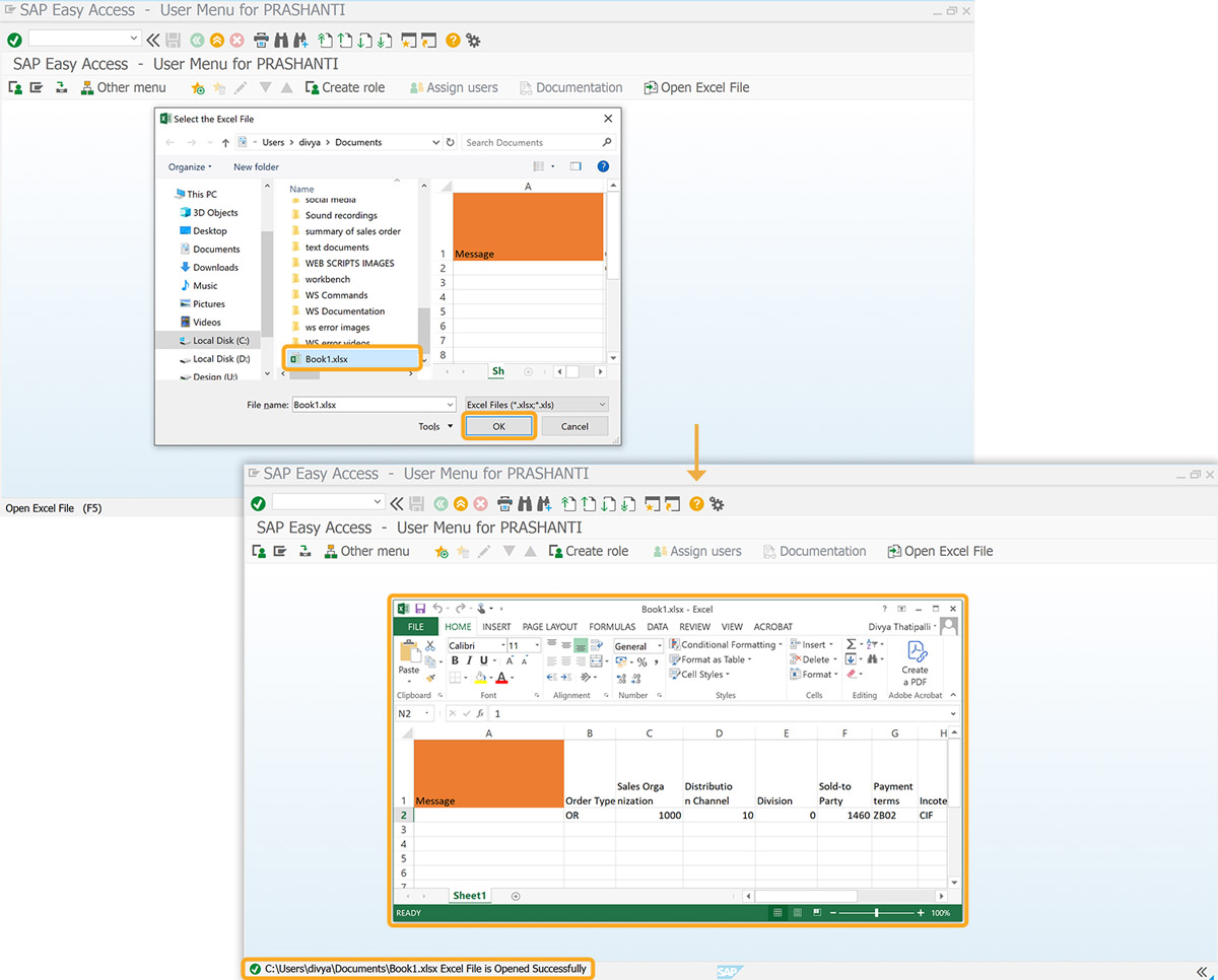 Clicking Open Excel File shows a file dialog and displays the file path in the SAP status bar