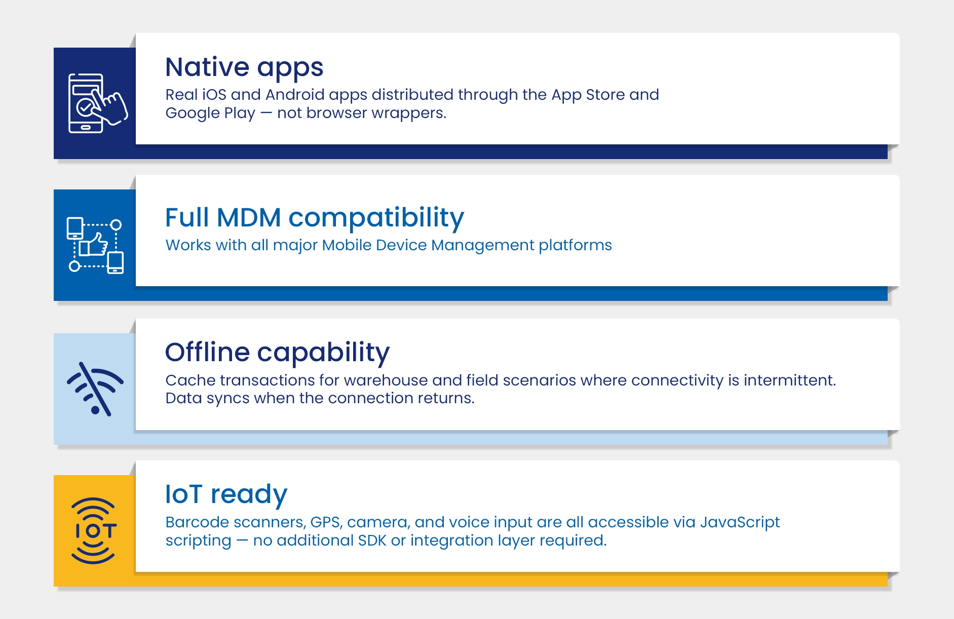 Liquid UI mobile capabilities including native apps, MDM support, offline use, and IoT integration