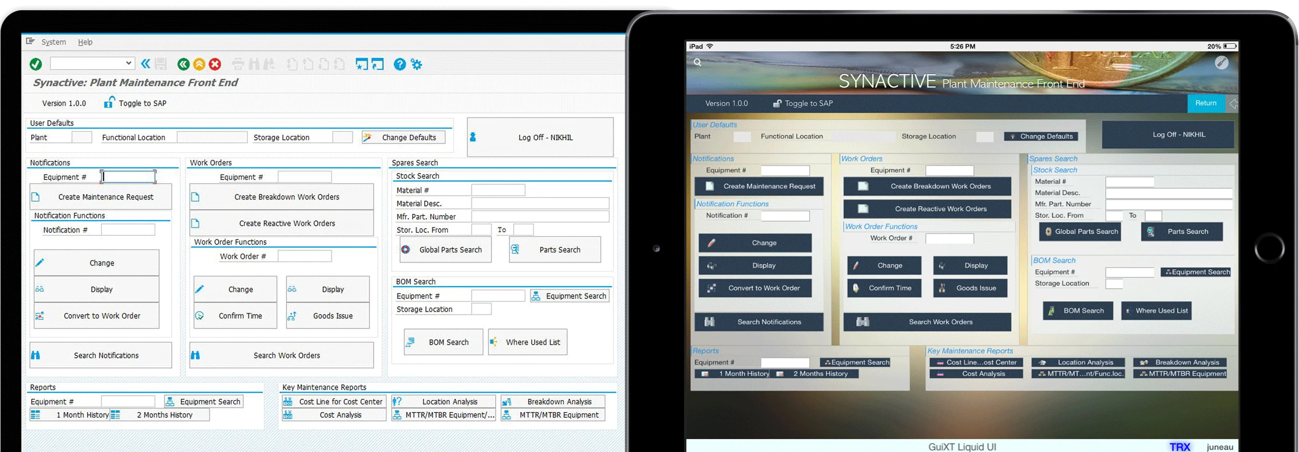 Liquid UI Plant Maintenance running on SAP GUI desktop and iOS — same customization, any device
