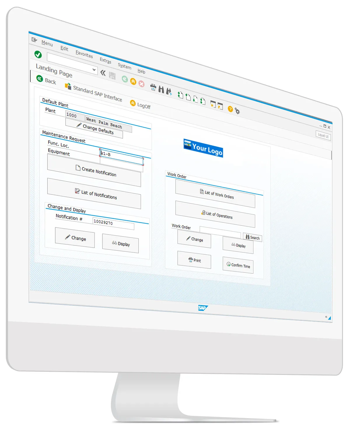 Standard SAP PM dashboard with multiple tabs and 40+ fields