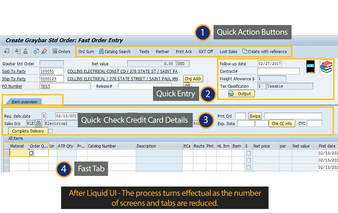 Graybar SAP order entry screen with Quick Action Buttons and guided workflow