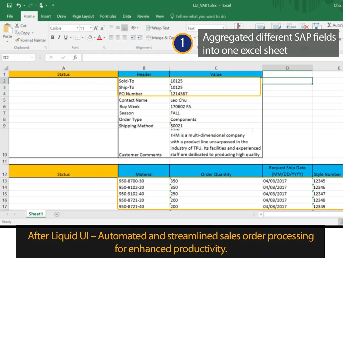 SGM Excel-to-SAP integration showing header data and line items mapped automatically
